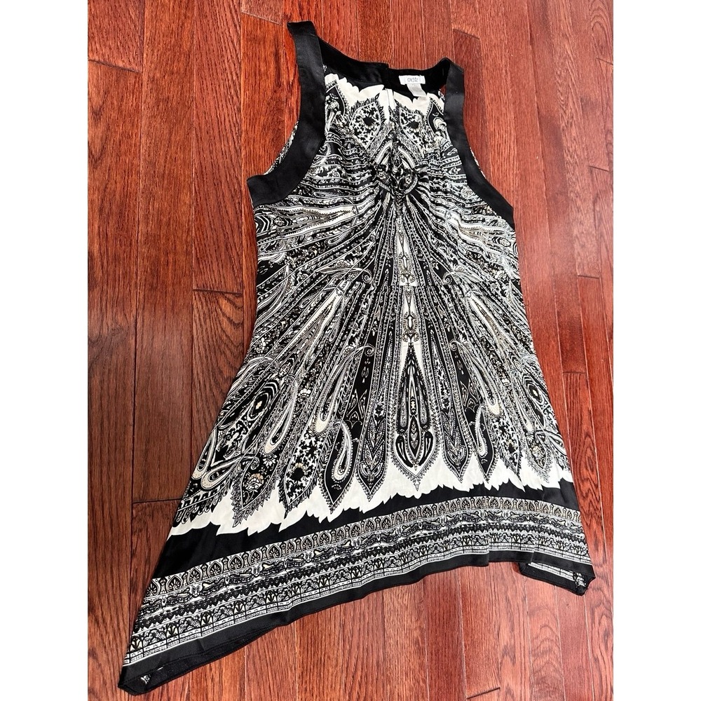 Cache Silk Black White Unique Pattern Beaded Embellished Asymmetrical Satin Top - Picture 11 of 12